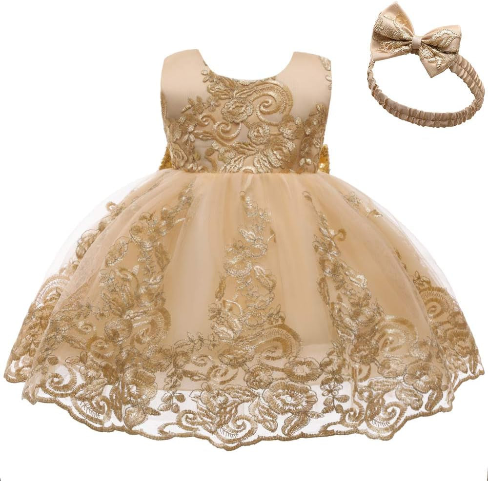 0-6T Big Bowknot Sequins Embroidered Lace Party Tutu Gown Toddler Baby Girls Dress with Headwear