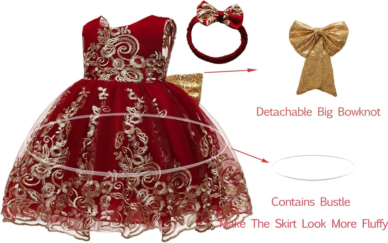 0-6T Big Bowknot Sequins Embroidered Lace Party Tutu Gown Toddler Baby Girls Dress with Headwear