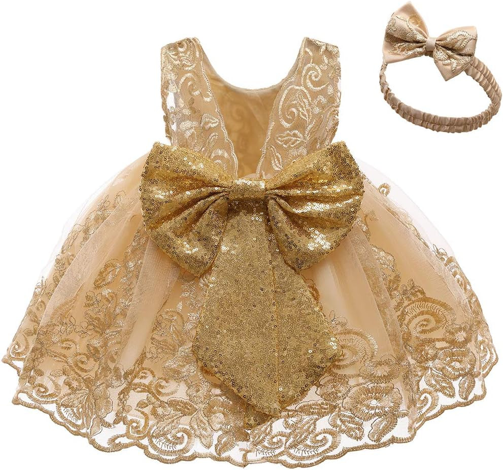 0-6T Big Bowknot Sequins Embroidered Lace Party Tutu Gown Toddler Baby Girls Dress with Headwear