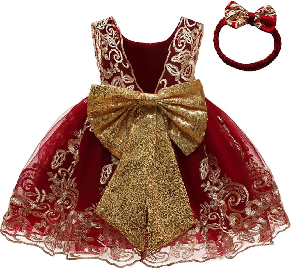 0-6T Big Bowknot Sequins Embroidered Lace Party Tutu Gown Toddler Baby Girls Dress with Headwear