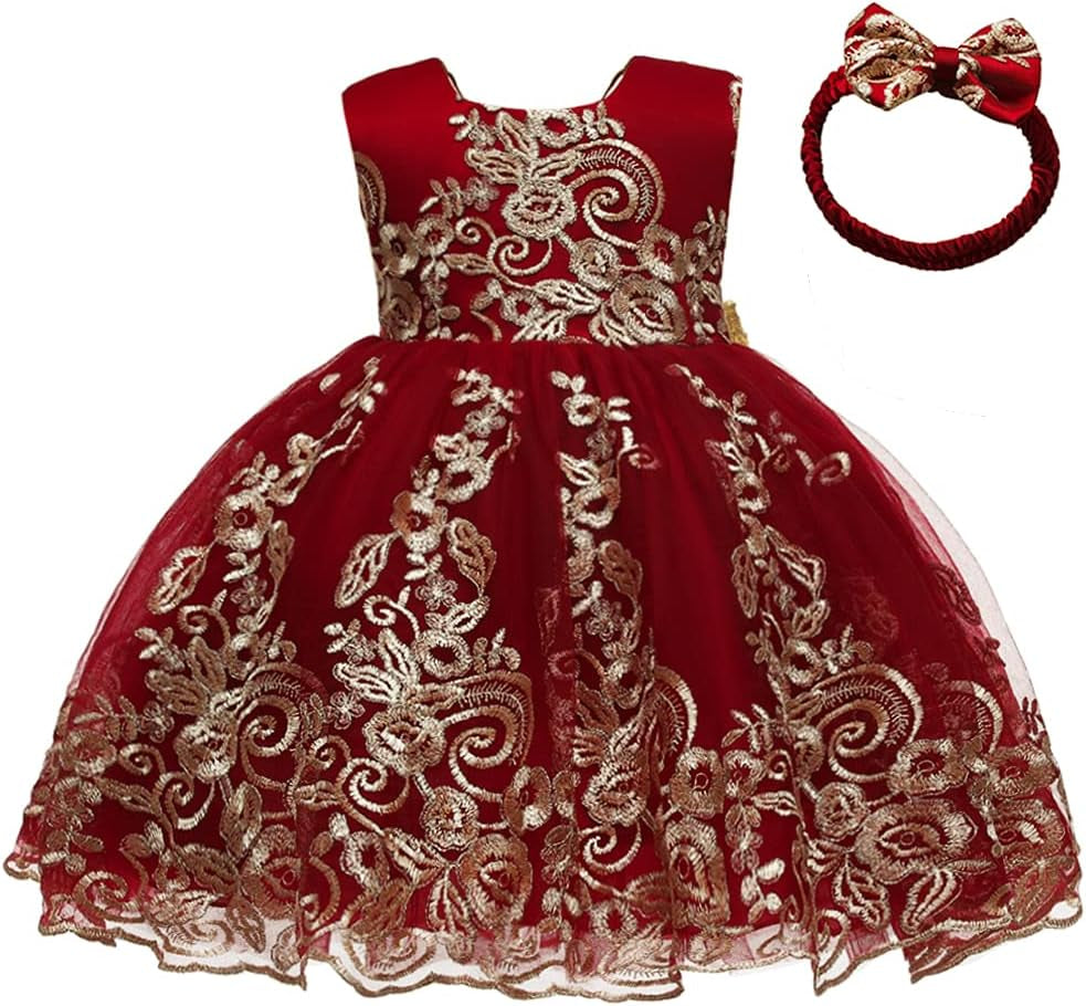 0-6T Big Bowknot Sequins Embroidered Lace Party Tutu Gown Toddler Baby Girls Dress with Headwear