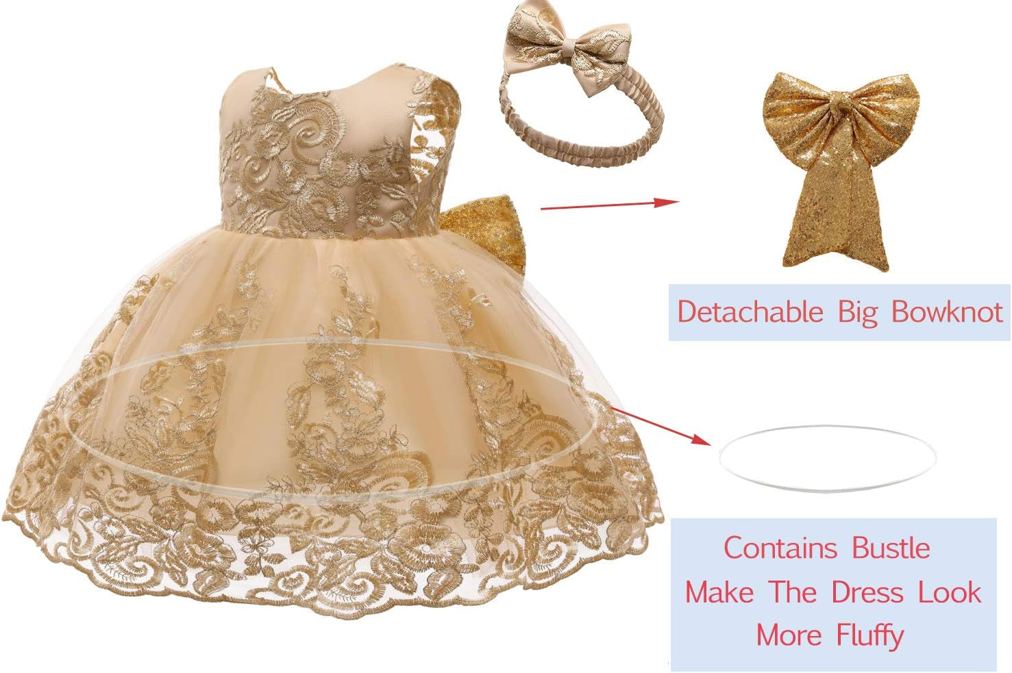 0-6T Big Bowknot Sequins Embroidered Lace Party Tutu Gown Toddler Baby Girls Dress with Headwear