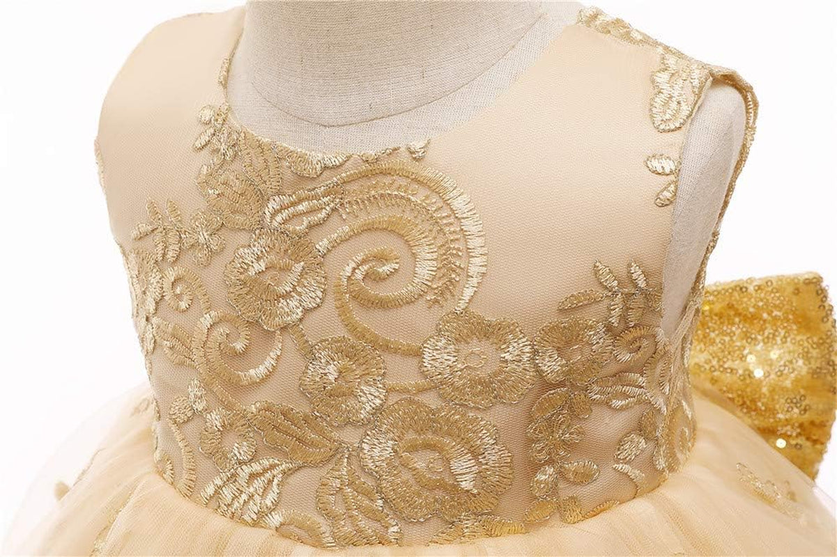 0-6T Big Bowknot Sequins Embroidered Lace Party Tutu Gown Toddler Baby Girls Dress with Headwear